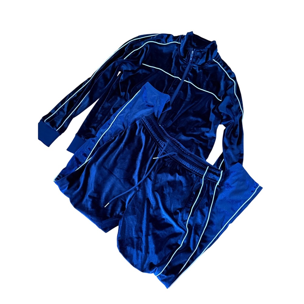 Y2K Navy Blue Velvety Tracksuit Set Zip Up Jacket and Joggers with White Piping